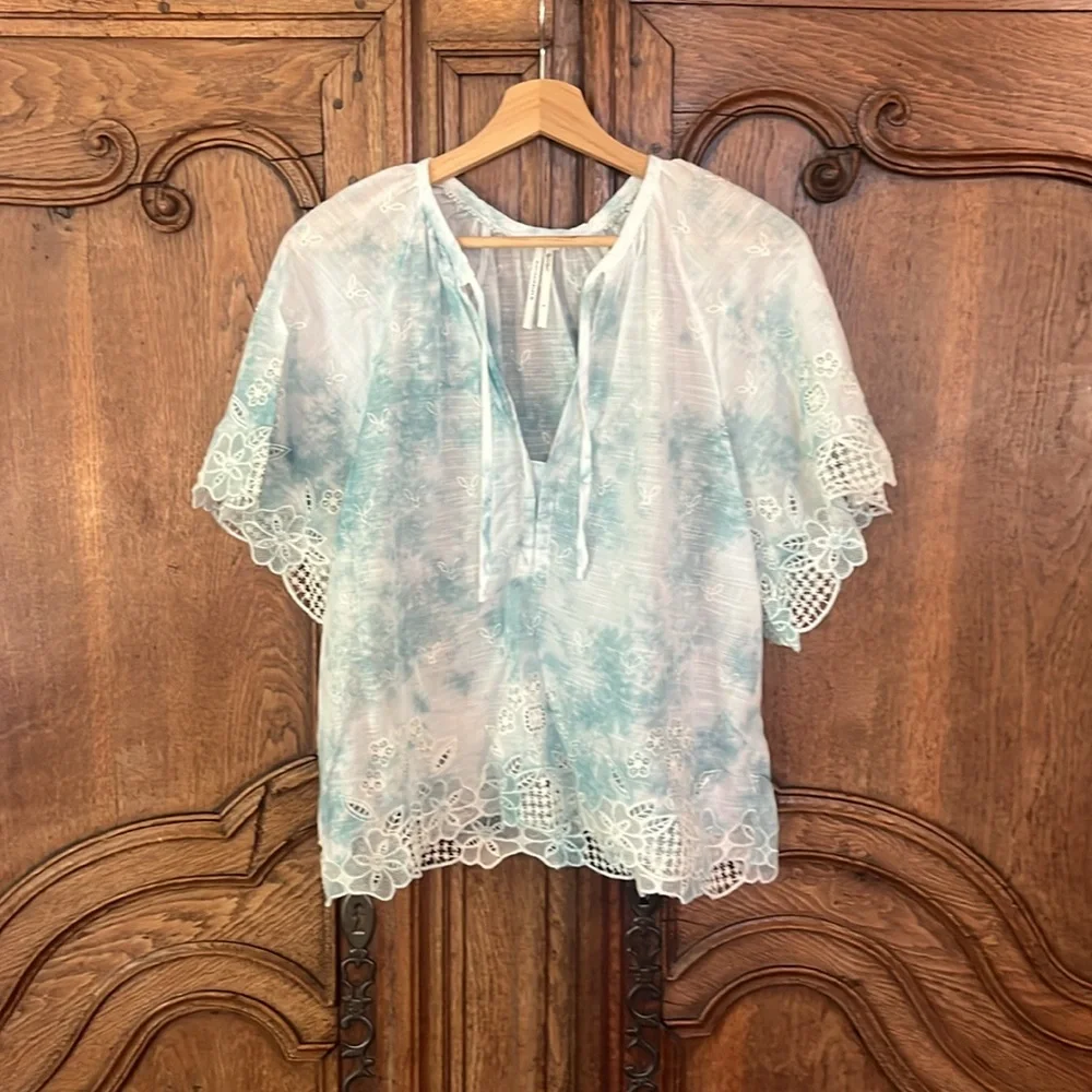 Anthropologie Embroidered Tie Dye Eyelet Lace Boho Puff‎ Sleeve Blouse